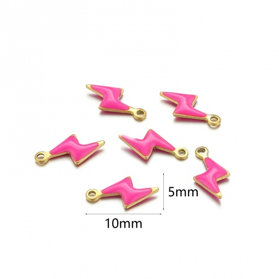 10 個 304ステンレス鋼 チャーム 稲光 金メッキ フクシア色 両面エナメルスパンコール 10mm x 5mm、 の画像