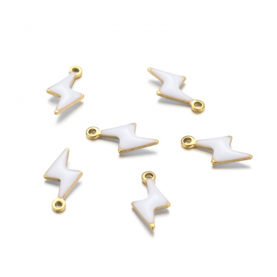 10 個 304ステンレス鋼 チャーム 稲光 金メッキ 白 両面エナメルスパンコール 10mm x 5mm、 の画像