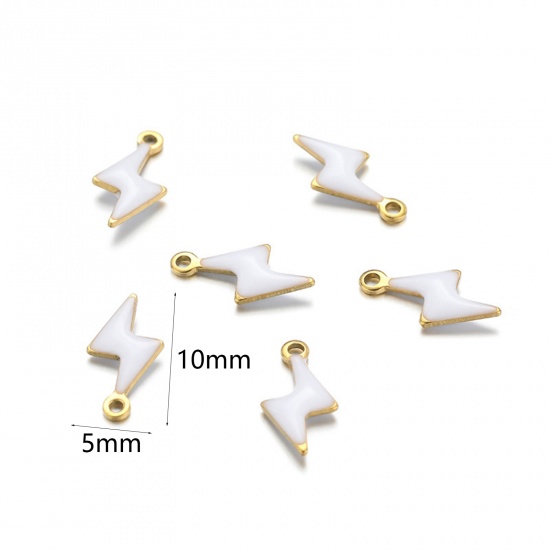 10 個 304ステンレス鋼 チャーム 稲光 金メッキ 白 両面エナメルスパンコール 10mm x 5mm、 の画像