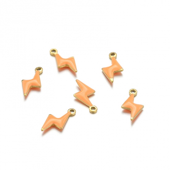 10 個 304ステンレス鋼 チャーム 稲光 金メッキ オレンジ色 両面エナメルスパンコール 10mm x 5mm、 の画像