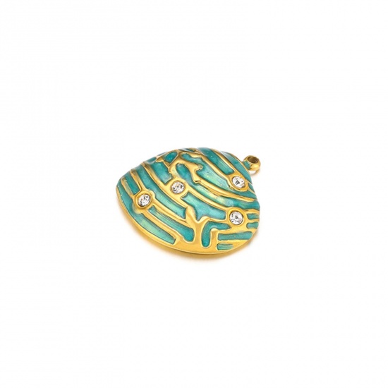 Picture of 1 Piece Vacuum Plating 304 Stainless Steel Charms Gold Plated Green Shell Enamel Clear Rhinestone 20mm x 19mm