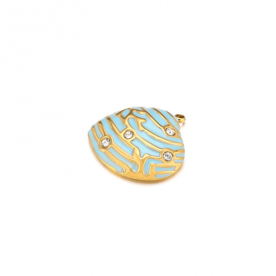 Picture of 1 Piece Vacuum Plating 304 Stainless Steel Charms Gold Plated Blue Shell Enamel Clear Rhinestone 20mm x 19mm