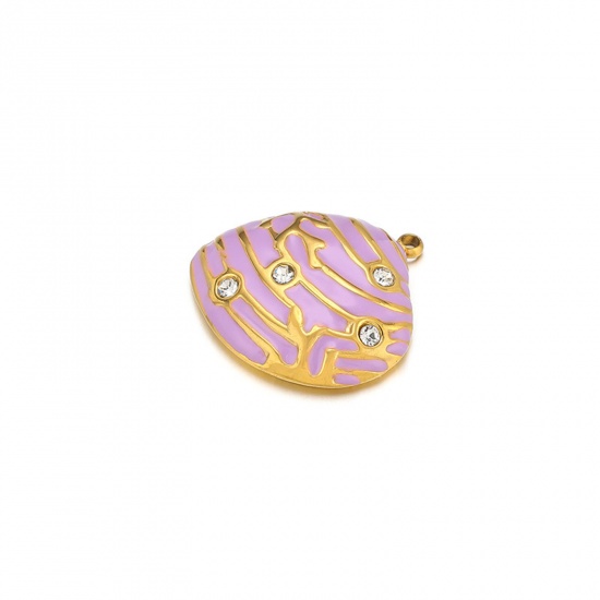 Picture of 1 Piece Vacuum Plating 304 Stainless Steel Charms Gold Plated Pale Lilac Shell Enamel Clear Rhinestone 20mm x 19mm