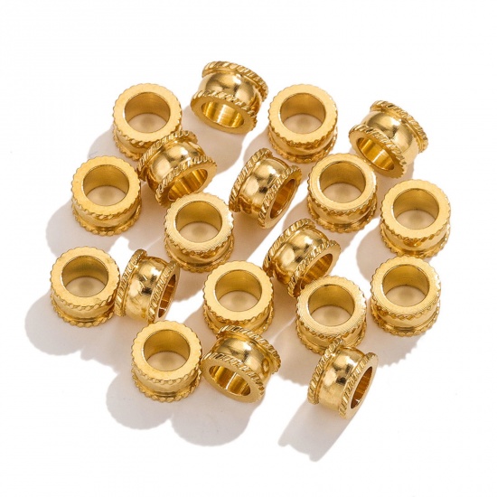 Picture of 10 PCs 304 Stainless Steel European Style Large Hole Charm Beads Drum 18K Gold Plated 8mm x 5mm, Hole: Approx 5mm