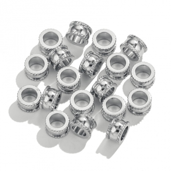 Picture of 10 PCs 304 Stainless Steel European Style Large Hole Charm Beads Drum Silver Tone 8mm x 5mm, Hole: Approx 5mm