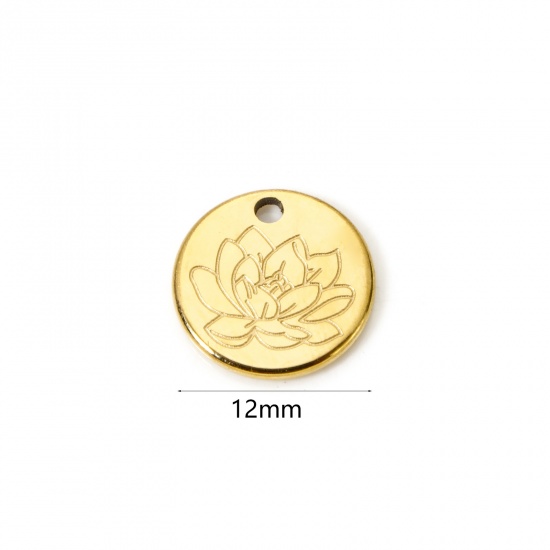 Bild von 2 Stück 304 Edelstahl Geburtsmonat Blume Charms Rund 18K Gold Plattiert Lotosblume 12mm D.