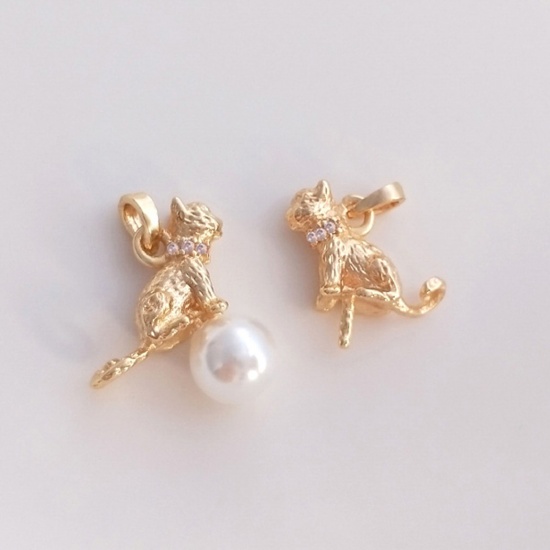 Picture of 1 Piece Eco-friendly Brass Pearl Pendant Connector Bail Pin Cap 14K Real Gold Plated Cat Animal Clear Cubic Zirconia 12mm x 12mm