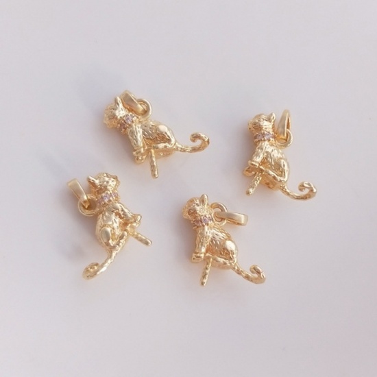 Picture of 1 Piece Eco-friendly Brass Pearl Pendant Connector Bail Pin Cap 14K Real Gold Plated Cat Animal Clear Cubic Zirconia 12mm x 12mm