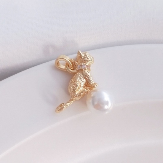 Picture of 1 Piece Eco-friendly Brass Pearl Pendant Connector Bail Pin Cap 14K Real Gold Plated Cat Animal Clear Cubic Zirconia 12mm x 12mm