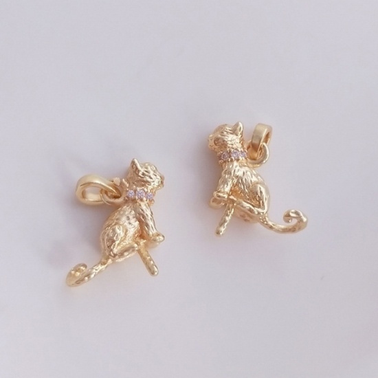 Picture of 1 Piece Eco-friendly Brass Pearl Pendant Connector Bail Pin Cap 14K Real Gold Plated Cat Animal Clear Cubic Zirconia 12mm x 12mm