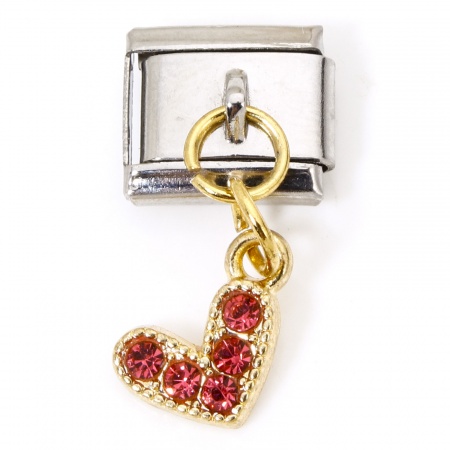 Picture of 1 Piece Zinc Based Alloy & Stainless Steel Italian Charm Links For DIY Bracelet Jewelry Making Gold Plated & Silver Tone Rectangle Heart Fuchsia Rhinestone 10mm x 9mm