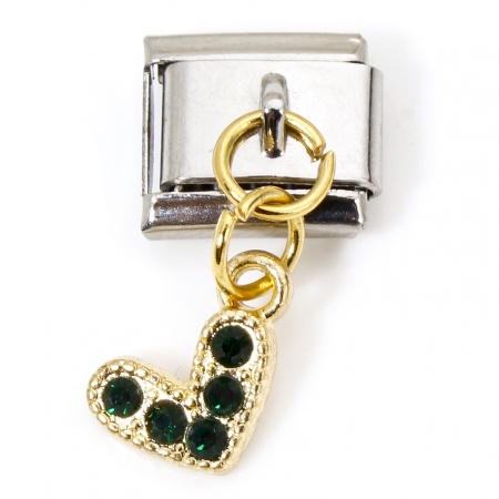 Picture of 1 Piece Zinc Based Alloy & Stainless Steel Italian Charm Links For DIY Bracelet Jewelry Making Gold Plated & Silver Tone Rectangle Heart Dark Green Rhinestone 10mm x 9mm
