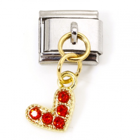 Picture of 1 Piece Zinc Based Alloy & Stainless Steel Italian Charm Links For DIY Bracelet Jewelry Making Gold Plated & Silver Tone Rectangle Heart Red Rhinestone 10mm x 9mm