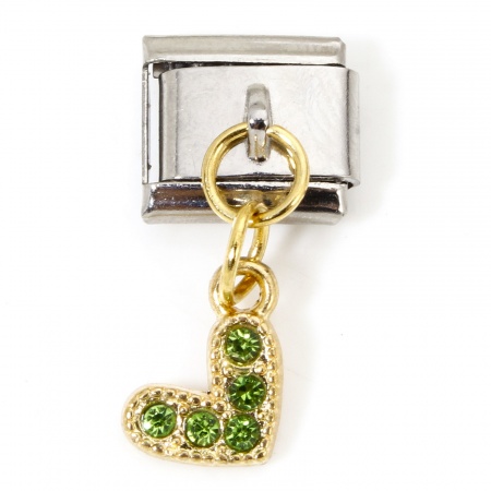 Picture of 1 Piece Zinc Based Alloy & Stainless Steel Italian Charm Links For DIY Bracelet Jewelry Making Gold Plated & Silver Tone Rectangle Heart Grass Green Rhinestone 10mm x 9mm