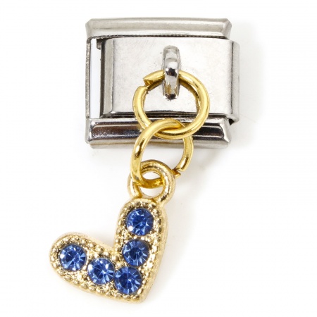 Picture of 1 Piece Zinc Based Alloy & Stainless Steel Italian Charm Links For DIY Bracelet Jewelry Making Gold Plated & Silver Tone Rectangle Heart Blue Rhinestone 10mm x 9mm