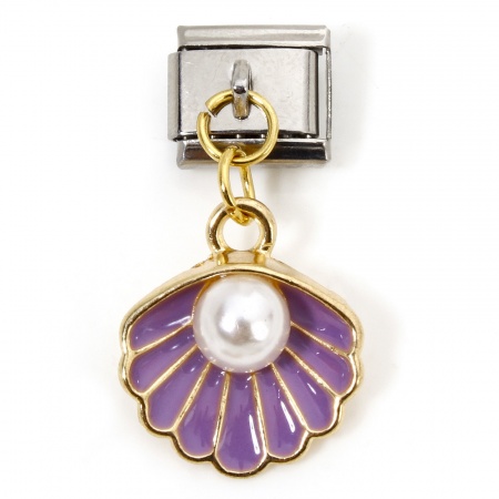 Picture of 1 Piece 304 Stainless Steel & Zinc Based Alloy Ocean Jewelry Italian Charm Links For DIY Modular Bracelet Watch Jewelry Making Wholesale Gold Plated & Silver Tone Purple Enamel Rectangle Shell Imitation Pearl 10mm x 9mm