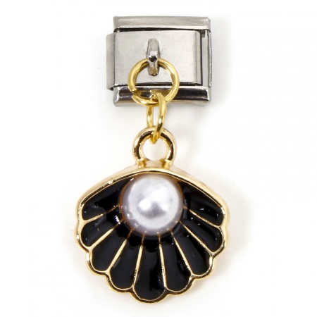 Picture of 1 Piece 304 Stainless Steel & Zinc Based Alloy Ocean Jewelry Italian Charm Links For DIY Modular Bracelet Watch Jewelry Making Wholesale Gold Plated & Silver Tone Black Enamel Rectangle Shell Imitation Pearl 10mm x 9mm