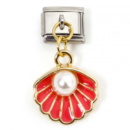 Picture of 1 Piece 304 Stainless Steel & Zinc Based Alloy Ocean Jewelry Italian Charm Links For DIY Modular Bracelet Watch Jewelry Making Wholesale Gold Plated & Silver Tone Fuchsia Enamel Rectangle Shell Imitation Pearl 10mm x 9mm