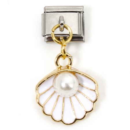 Picture of 1 Piece 304 Stainless Steel & Zinc Based Alloy Ocean Jewelry Italian Charm Links For DIY Modular Bracelet Watch Jewelry Making Wholesale Gold Plated & Silver Tone White Enamel Rectangle Shell Imitation Pearl 10mm x 9mm