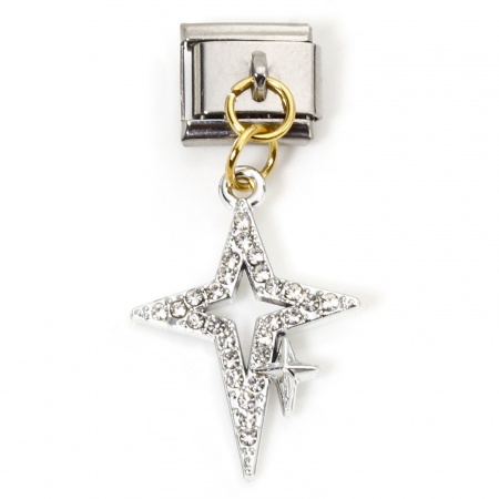 Picture of 1 Piece 304 Stainless Steel & Zinc Based Alloy Galaxy Italian Charm Links For DIY Modular Bracelet Watch Jewelry Making Wholesale Gold Plated & Silver Tone Rectangle Star Clear Rhinestone 10mm x 9mm