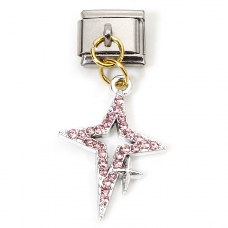 Picture of 1 Piece 304 Stainless Steel & Zinc Based Alloy Galaxy Italian Charm Links For DIY Modular Bracelet Watch Jewelry Making Wholesale Gold Plated & Silver Tone Rectangle Star Pink Rhinestone 10mm x 9mm