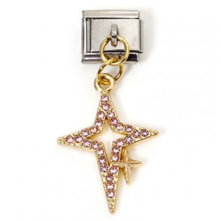 Picture of 1 Piece 304 Stainless Steel & Zinc Based Alloy Galaxy Italian Charm Links For DIY Modular Bracelet Watch Jewelry Making Wholesale Gold Plated & Silver Tone Rectangle Star Pink Rhinestone 10mm x 9mm