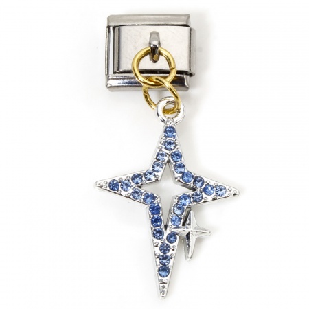 Picture of 1 Piece 304 Stainless Steel & Zinc Based Alloy Galaxy Italian Charm Links For DIY Modular Bracelet Watch Jewelry Making Wholesale Gold Plated & Silver Tone Rectangle Star Blue Rhinestone 10mm x 9mm