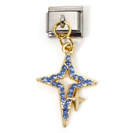 Picture of 1 Piece 304 Stainless Steel & Zinc Based Alloy Galaxy Italian Charm Links For DIY Modular Bracelet Watch Jewelry Making Wholesale Gold Plated & Silver Tone Rectangle Star Blue Rhinestone 10mm x 9mm