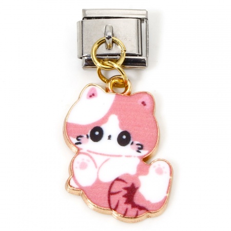 Picture of 1 Piece 304 Stainless Steel & Zinc Based Alloy Italian Charm Links For DIY Modular Bracelet Watch Jewelry Making Wholesale Gold Plated & Silver Tone Pink Rectangle Cat Enamel 10mm x 9mm
