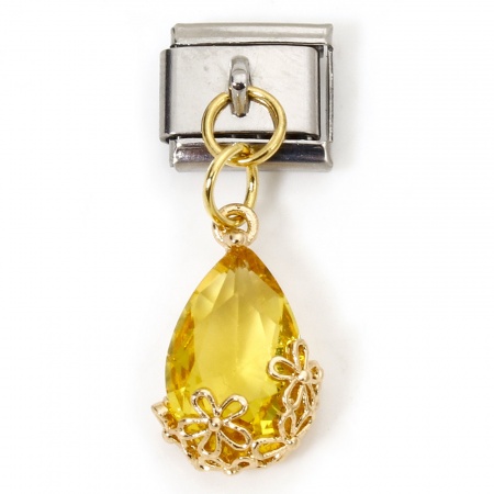 Picture of 1 Piece 304 Stainless Steel & Brass Italian Charm Links For DIY Modular Bracelet Watch Jewelry Making Wholesale Gold Plated & Silver Tone Rectangle Drop Two Tone Yellow Rhinestone 10mm x 9mm