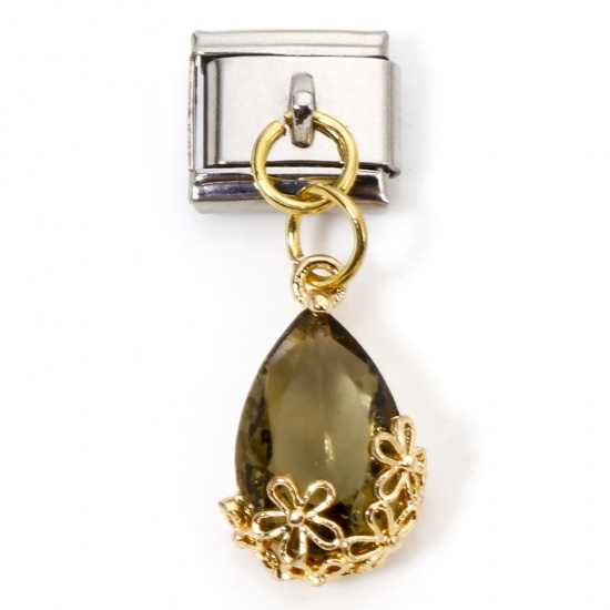 Immagine di 1 Piece Stainless Steel & Brass Italian Charm Links For DIY Bracelet Jewelry Making Gold Plated & Silver Tone Rectangle Drop Dark Gray Rhinestone 10mm x 9mm