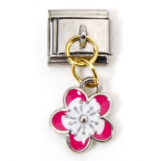 Immagine di 1 Piece Zinc Based Alloy & Stainless Steel Italian Charm Links For DIY Bracelet Jewelry Making Gold Plated & Silver Tone Fuchsia Rectangle Cherry Blossom Sakura Flower Double-sided Enamel 10mm x 9mm