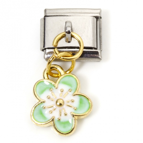 Immagine di 1 Piece Zinc Based Alloy & Stainless Steel Italian Charm Links For DIY Bracelet Jewelry Making Gold Plated & Silver Tone Green Rectangle Cherry Blossom Sakura Flower Double-sided Enamel 10mm x 9mm