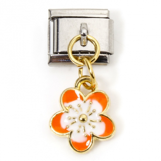 Immagine di 1 Piece Zinc Based Alloy & Stainless Steel Italian Charm Links For DIY Bracelet Jewelry Making Gold Plated & Silver Tone Orange Rectangle Cherry Blossom Sakura Flower Double-sided Enamel 10mm x 9mm