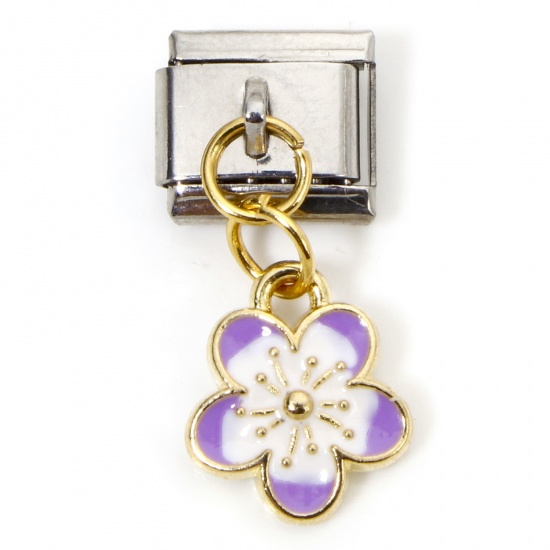 Immagine di 1 Piece Zinc Based Alloy & Stainless Steel Italian Charm Links For DIY Bracelet Jewelry Making Gold Plated & Silver Tone Purple Rectangle Cherry Blossom Sakura Flower Double-sided Enamel 10mm x 9mm