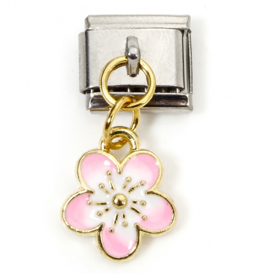 Immagine di 1 Piece Zinc Based Alloy & Stainless Steel Italian Charm Links For DIY Bracelet Jewelry Making Gold Plated & Silver Tone Pink Rectangle Cherry Blossom Sakura Flower Double-sided Enamel 10mm x 9mm