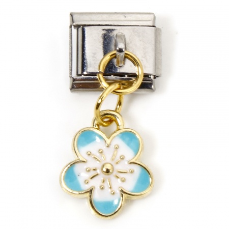 Picture of 1 Piece 304 Stainless Steel & Zinc Based Alloy Italian Charm Links For DIY Modular Bracelet Watch Jewelry Making Wholesale Gold Plated & Silver Tone Blue Rectangle Cherry Blossom Sakura Flower Double-sided Enamel 10mm x 9mm