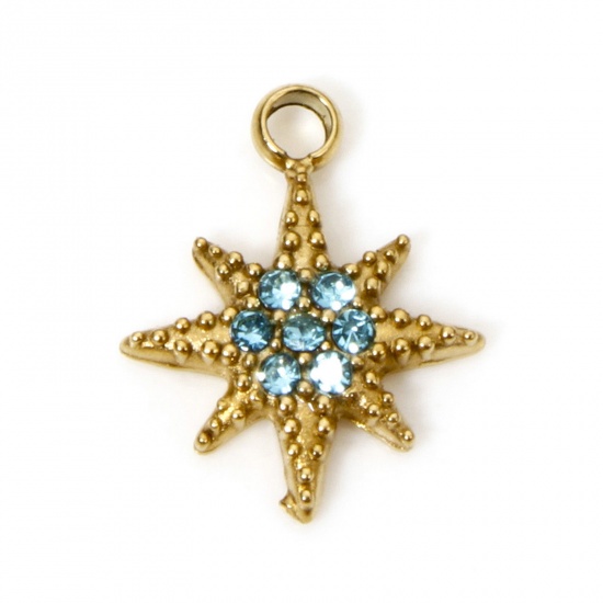 Picture of 1 Piece Eco-friendly Vacuum Plating 304 Stainless Steel Galaxy Charms Gold Plated Eight Pointed Star Light Blue Rhinestone 12mm x 9.5mm