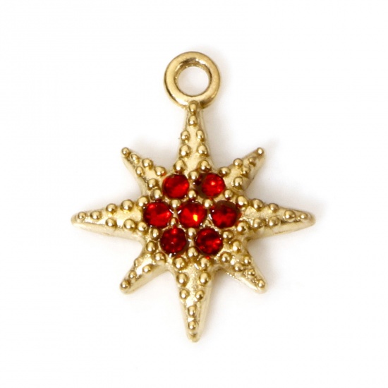 Picture of 1 Piece Eco-friendly Vacuum Plating 304 Stainless Steel Galaxy Charms Gold Plated Eight Pointed Star Red Rhinestone 11.5mm x 9.5mm