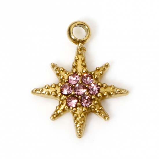 Immagine di 1 Piece Eco-friendly Vacuum Plating 304 Stainless Steel Galaxy Charms Gold Plated Eight Pointed Star Pink Rhinestone 11.5mm x 9.5mm