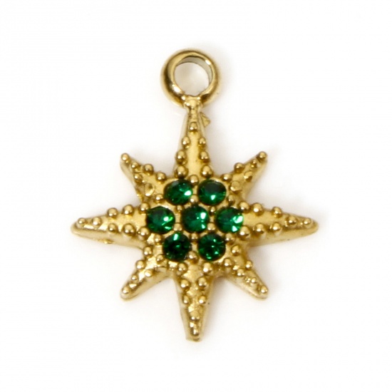 Immagine di 1 Piece Eco-friendly Vacuum Plating 304 Stainless Steel Galaxy Charms Gold Plated Eight Pointed Star Green Rhinestone 12mm x 9.5mm