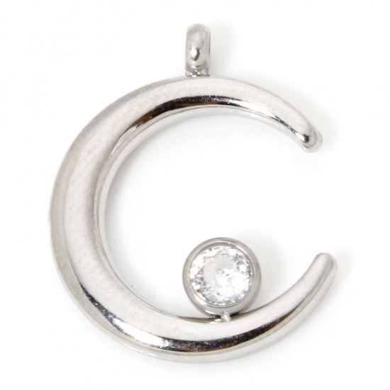 Picture of 1 Piece Eco-friendly 304 Stainless Steel Galaxy Charms Silver Tone Half Moon Clear Rhinestone 18mm x 14.5mm