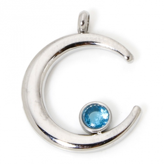 Picture of 1 Piece Eco-friendly 304 Stainless Steel Galaxy Charms Silver Tone Half Moon Blue Rhinestone 18mm x 14.5mm