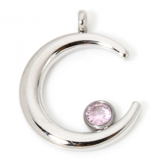 Picture of 1 Piece Eco-friendly 304 Stainless Steel Galaxy Charms Silver Tone Half Moon Pink Rhinestone 18mm x 14.5mm