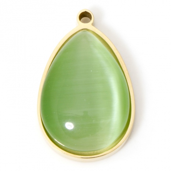 Picture of 1 Piece Eco-friendly Vacuum Plating 304 Stainless Steel & Cat's Eye Glass Boho Chic Bohemia Charms Gold Plated Green Drop 22mm x 14mm