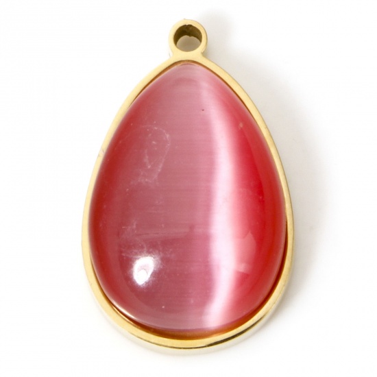 Picture of 1 Piece Eco-friendly Vacuum Plating 304 Stainless Steel & Cat's Eye Glass Boho Chic Bohemia Charms Gold Plated Pink Drop 22mm x 14mm