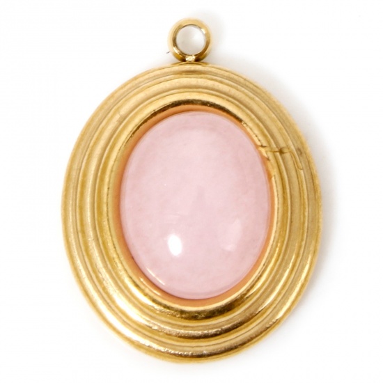 Picture of 1 Piece Eco-friendly Vacuum Plating 304 Stainless Steel & Stone Boho Chic Bohemia Charms Gold Plated Pink Oval 18.5mm x 14mm
