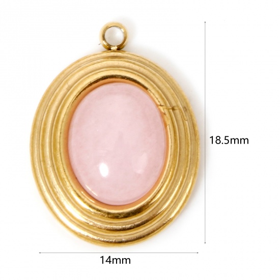 Picture of 1 Piece Eco-friendly Vacuum Plating 304 Stainless Steel & Stone Boho Chic Bohemia Charms Gold Plated Pink Oval 18.5mm x 14mm