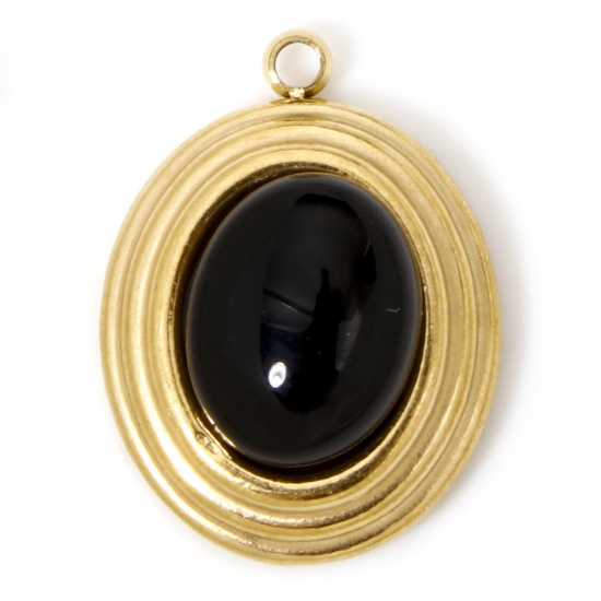 Picture of 1 Piece Eco-friendly Vacuum Plating 304 Stainless Steel & Stone Boho Chic Bohemia Charms Gold Plated Black Oval 18.5mm x 14mm