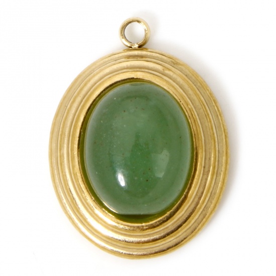 Picture of 1 Piece Eco-friendly Vacuum Plating 304 Stainless Steel & Stone Boho Chic Bohemia Charms Gold Plated Green Oval 18.5mm x 14mm
